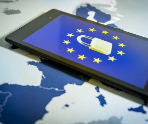 Padlock and EU flag inside a smartphone and EU map, GDPR metaphor