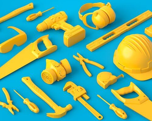 Isometric view of monochrome construction tools for repair on blue and yellow